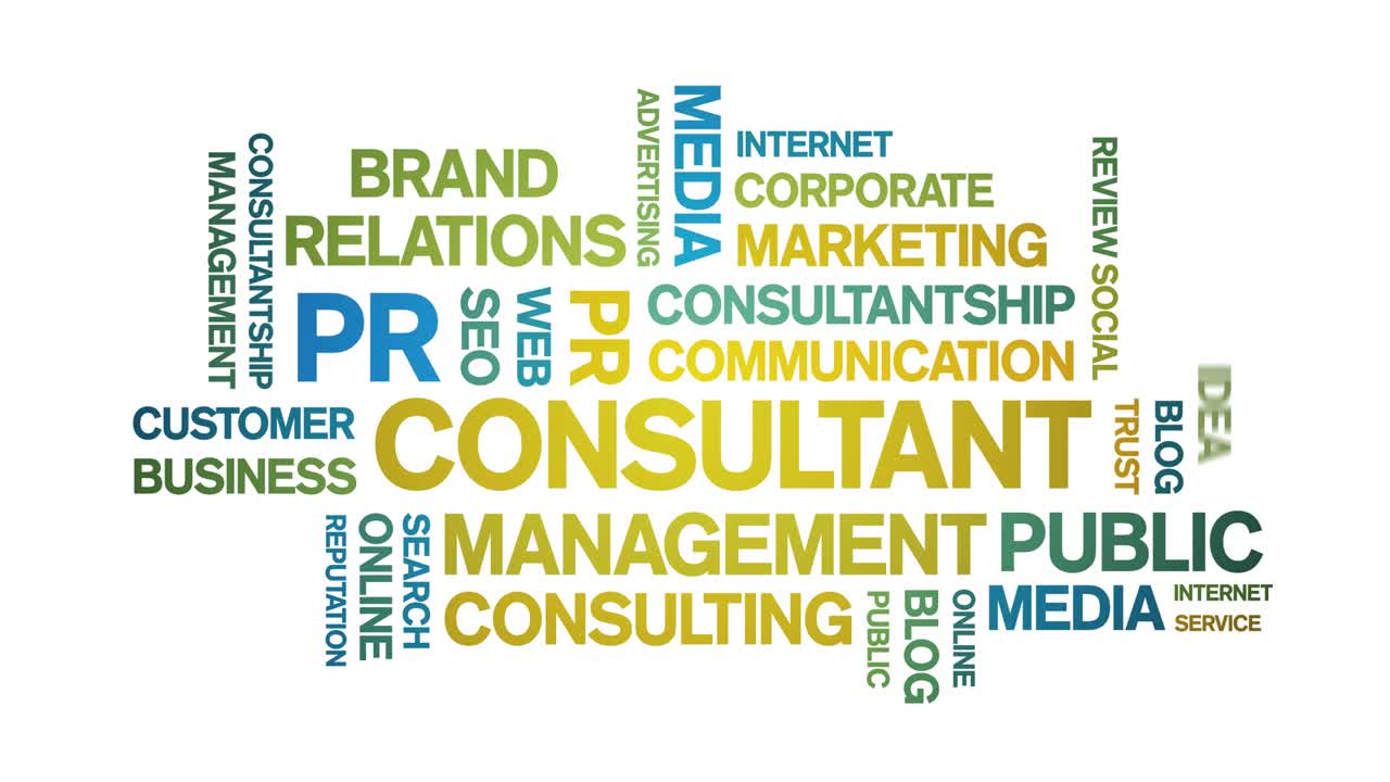 pr consultant animated word cloud,design animation typography seamless loop.