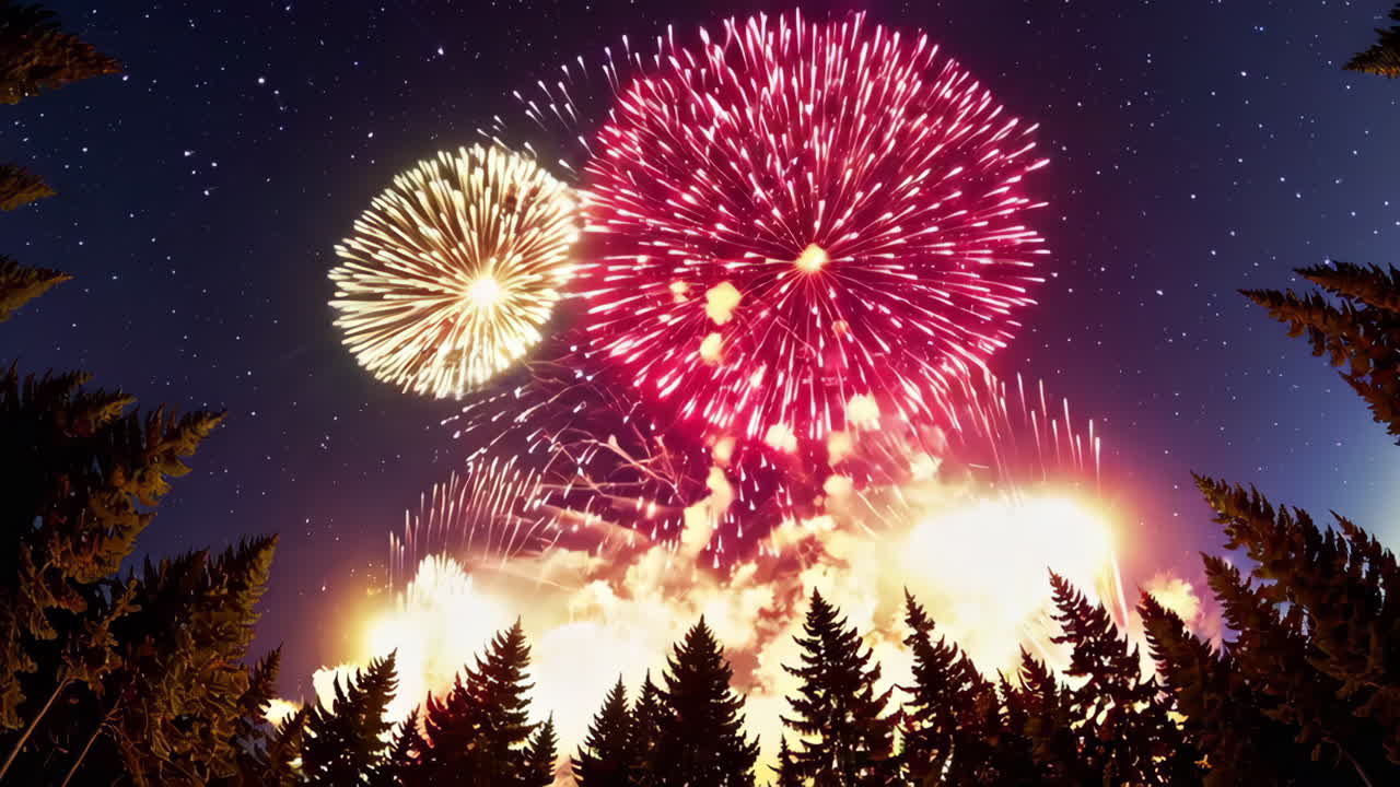 Fireworks over Trees at Night