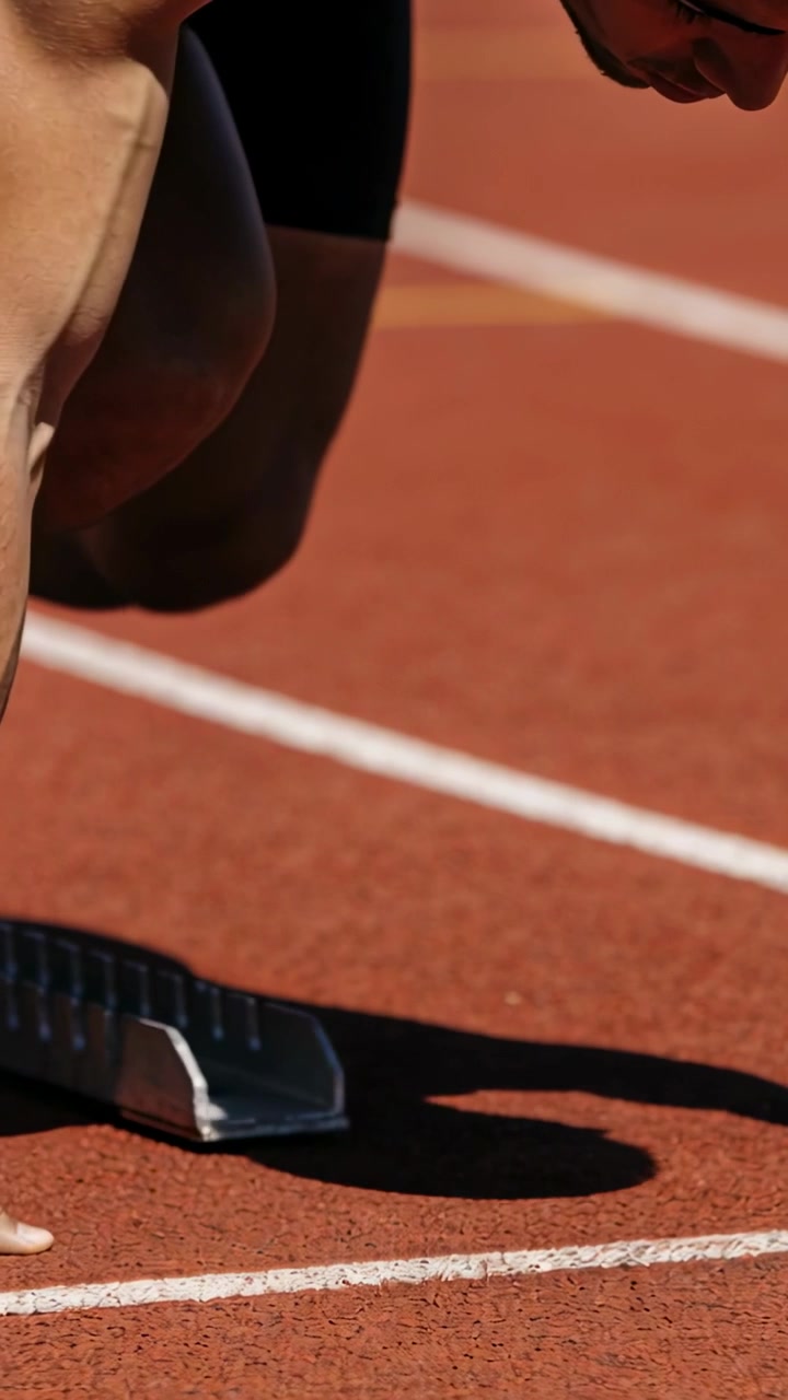 Vertikales Video: Sprinter reagiert auf Startschuss, stößt sich in schwarzen Shorts vom Startblock auf roter Bahn ab.