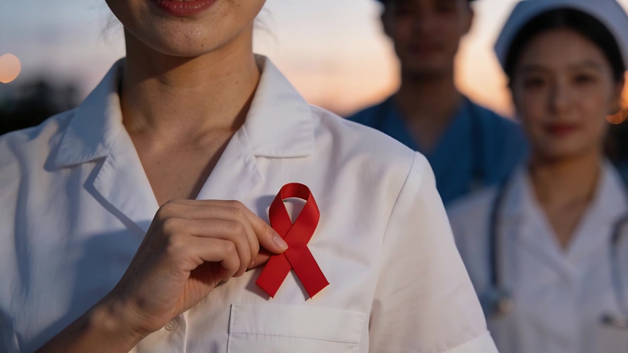 Cámara acercándose, mostrando a una enfermera con uniforme blanco ajustando una cinta roja al anochecer, en señal de apoyo.