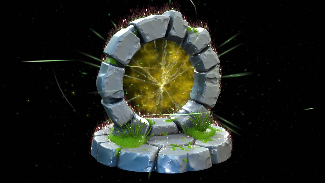 Fantasy magic circular stone portal, design 2, with particles and glowing energy, rotating slowly on black background 3D animation. Ideal for fantasy games animation projects
