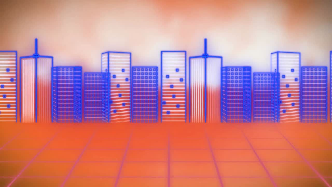animación digital de una red de cuadrícula en movimiento contra el paisaje urbano sobre fondo naranja