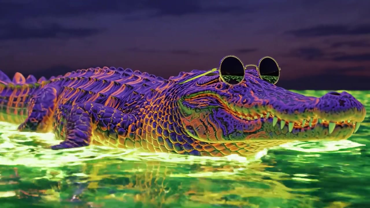 Un alligatore surreale e colorato nuota in un oceano al neon, sfoggiando occhiali da sole alla moda su uno sfondo di tramonto drammatico, fondendo fantasia e realtà in una straordinaria rappresentazione visiva.