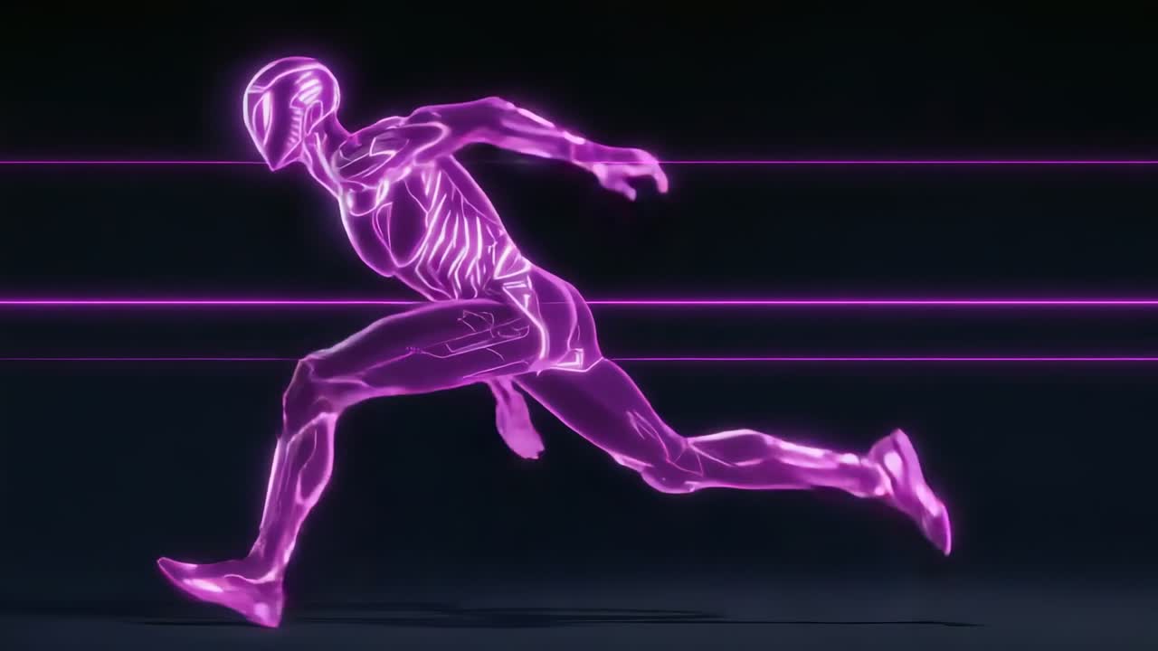 Neonloper start vanuit gehurkte positie en toont de loopcyclus in een studio met helm, schoenen en bewegingslijnen