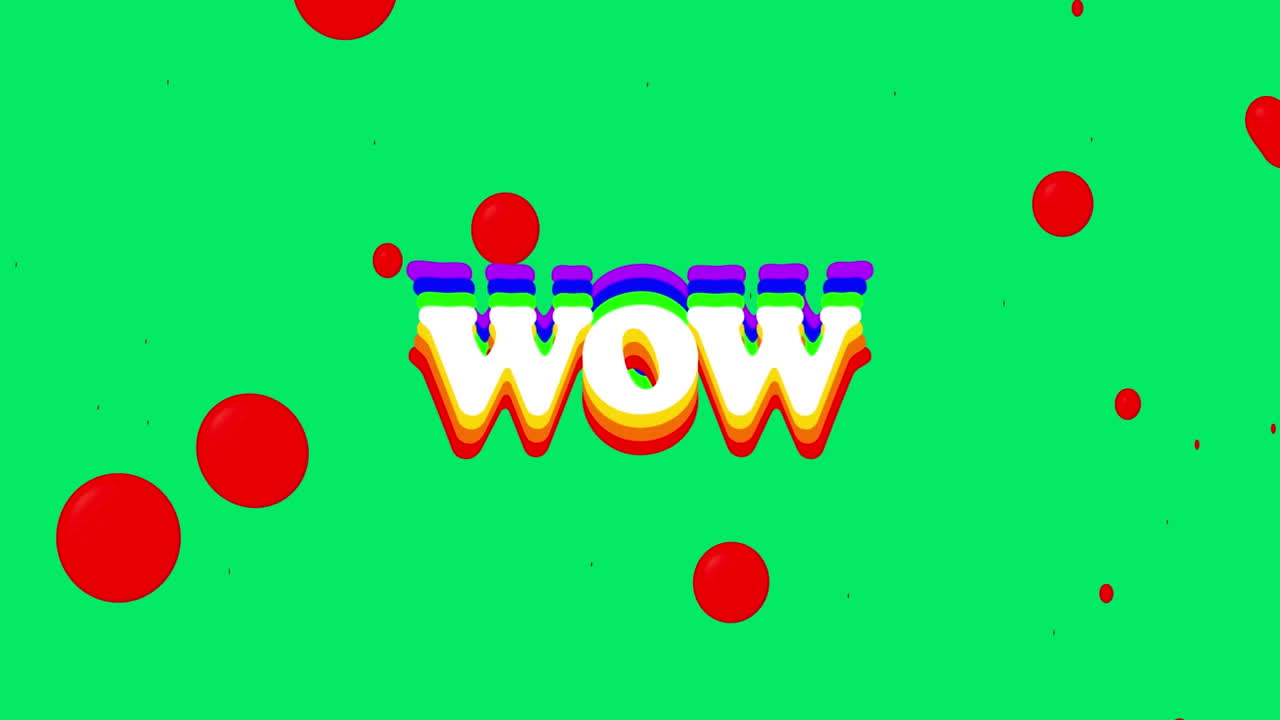 animación de textos wow sobre puntos rojos contra un fondo verde.
