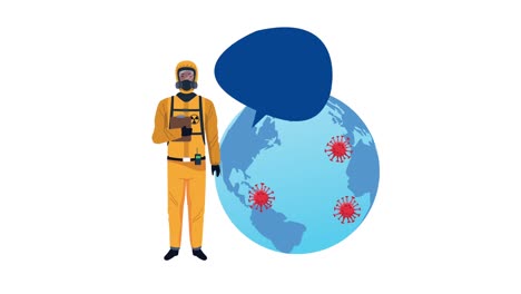 worker with biosafety suit and covid19 particles