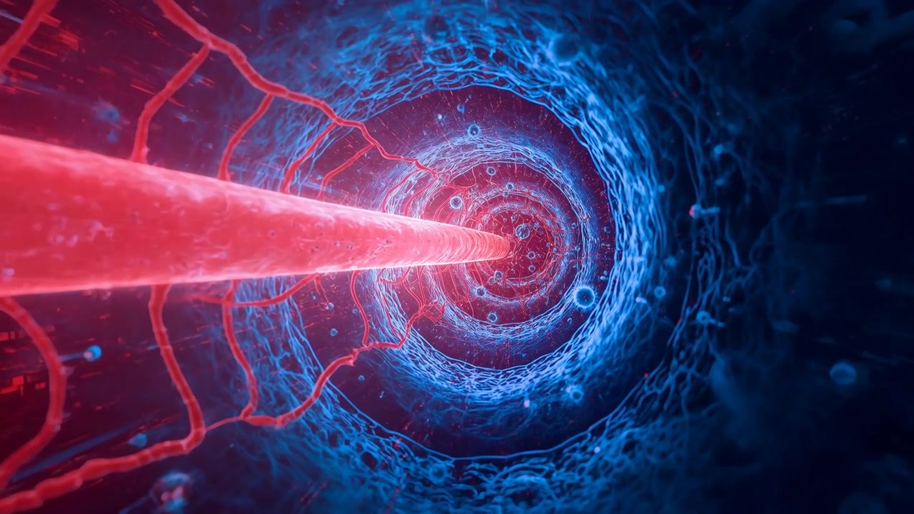 La telecamera si muove, un filamento rosso con reticolo si avvicina ad anelli in un tubo, mostrando sfere e dettagli della parete.