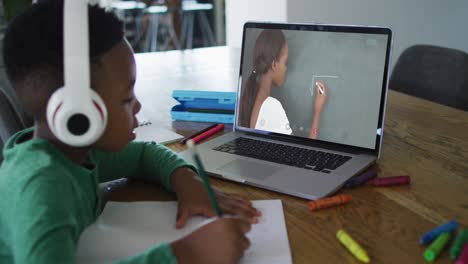 Afroamerikanischer-Junge-Macht-Hausaufgaben,-Während-Er-Zu-Hause-Einen-Videoanruf-Mit-Einer-Lehrerin-Auf-Dem-Laptop-Führt