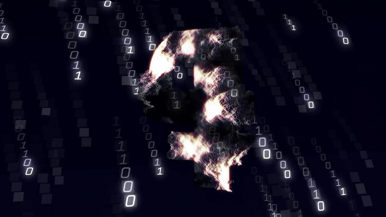 Smoky cloud forming question mark while cascading binary digits and visualizing data flow
