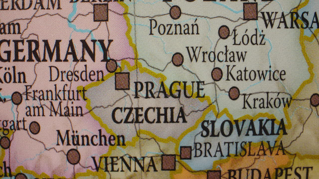 A close-up view of a political map focusing on Central Europe, showing countries like Germany, Czechia, and Slovakia, along with major cities.