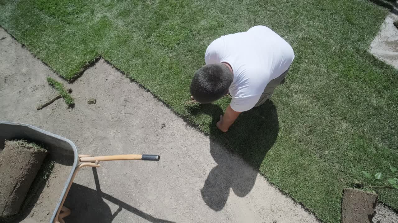 잔디 설치 및 조경 프로젝트를 위해 뒷마당 정원에 소드 풀을 는 사람, 주거 마당의 신선하고 푸른 잔디를 위해 집 개선 및 야외 유지에 초점을 맞추고 있습니다.