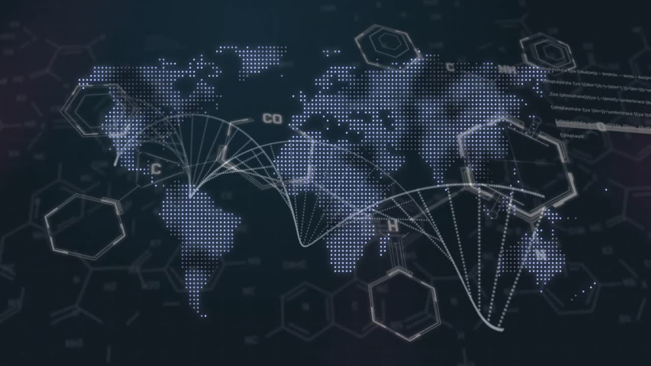 Animation of dna and chemical structures over world map against black background