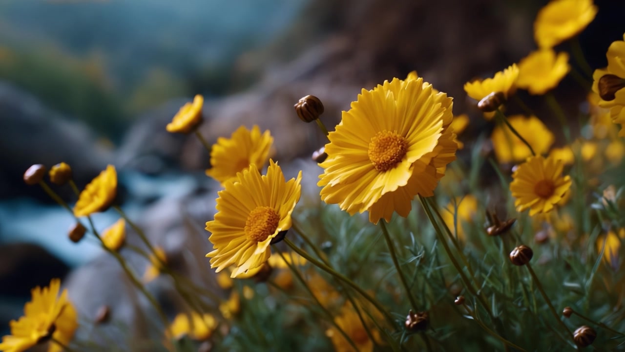 Una splendida esposizione di fiori gialli brillanti che sbocciano lungo un ruscello sereno nella natura, mostrando la tranquillità e i colori vividi del paesaggio naturale.
