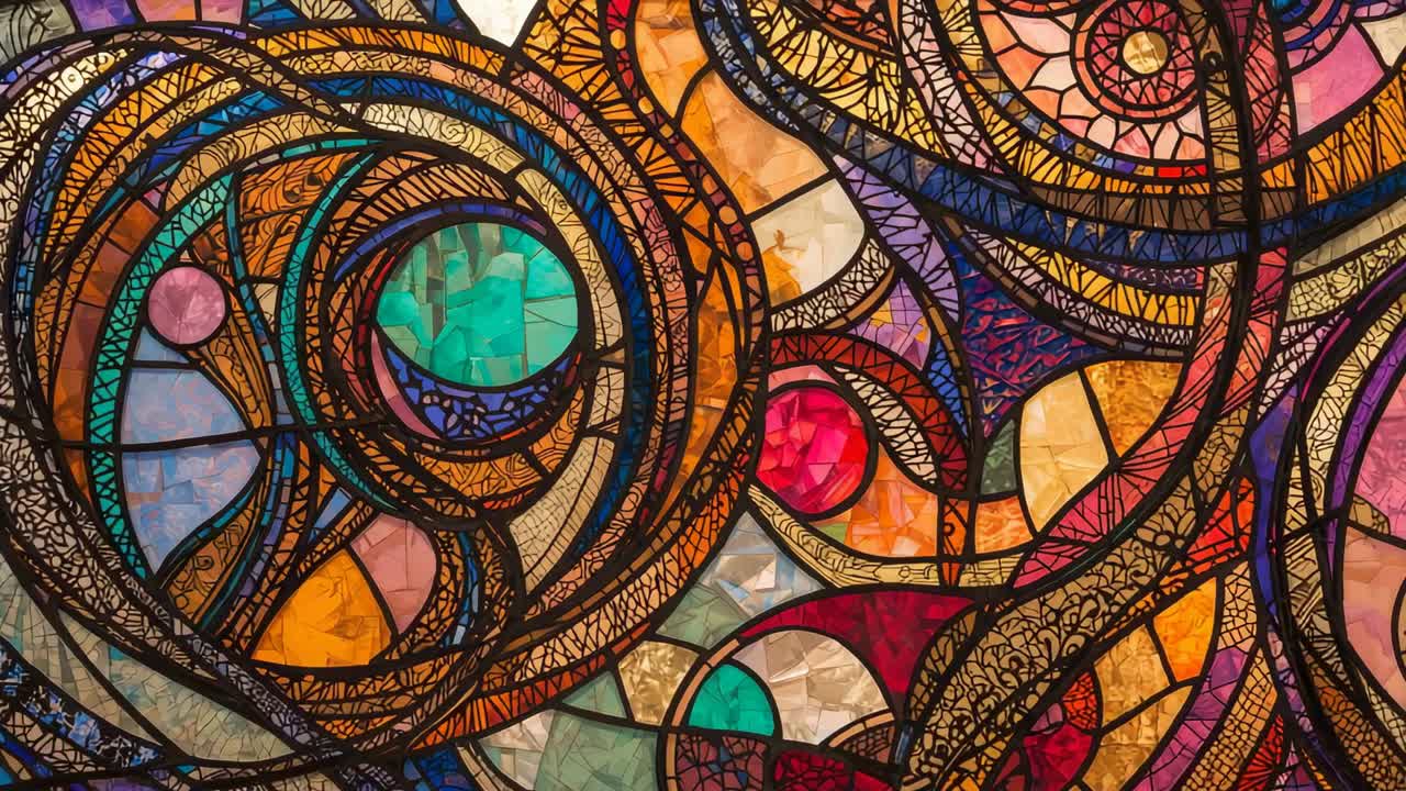 Streaming sunlight casting stained glass mosaic in church interior, highlighting swirling motifs