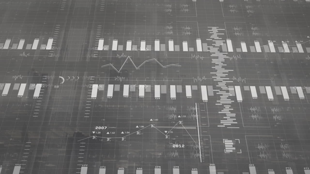 Digital data interface showing translucent bar charts, line graphs, waveforms, labels over grid