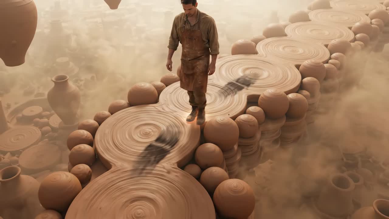 Man Walking on a Surreal Clay Path Through a Pottery World