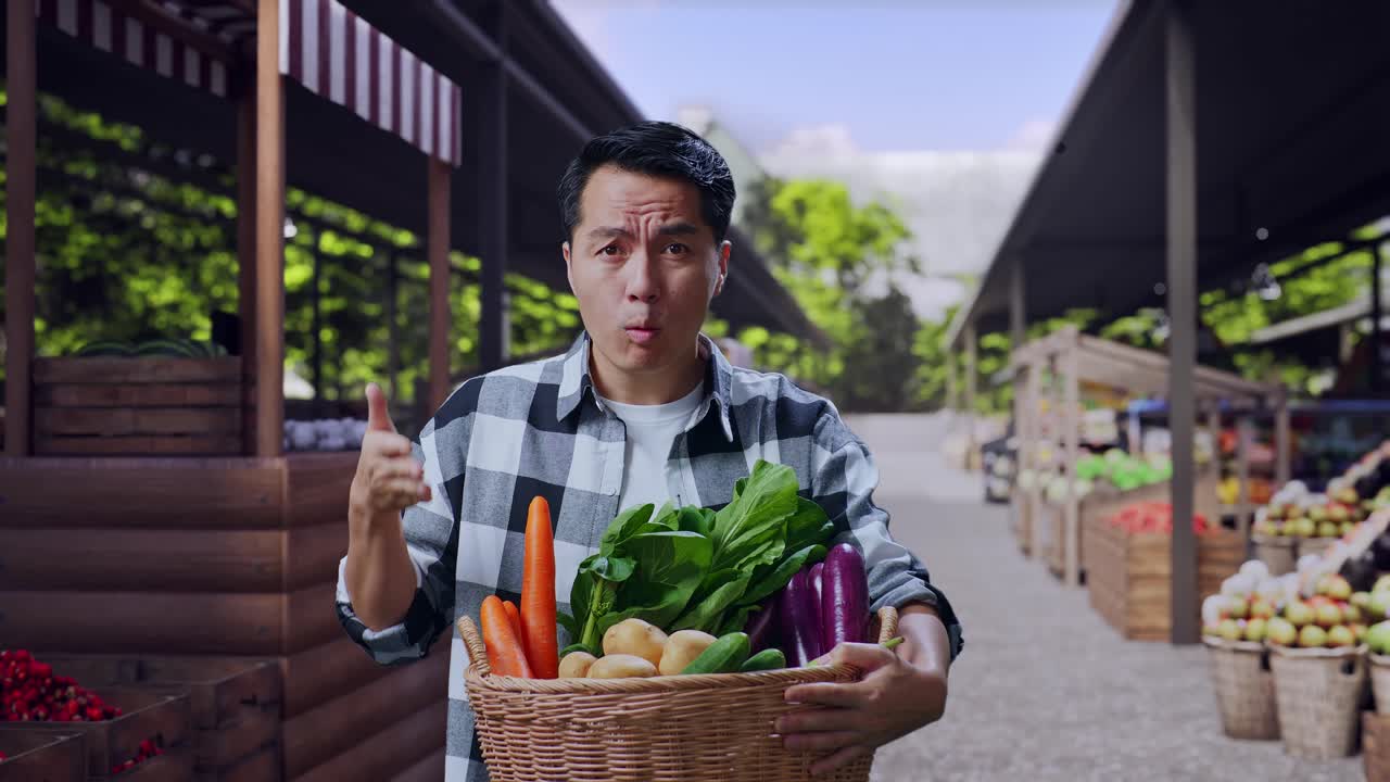Agricultor asiático con una cesta de verduras mostrando un gesto de confusión y diciendo «¿Qué?» en un mercado de agricultores
