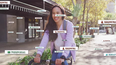 woman riding bicycle in technology marketing, showing floating envelope icons and thumbs-up counts