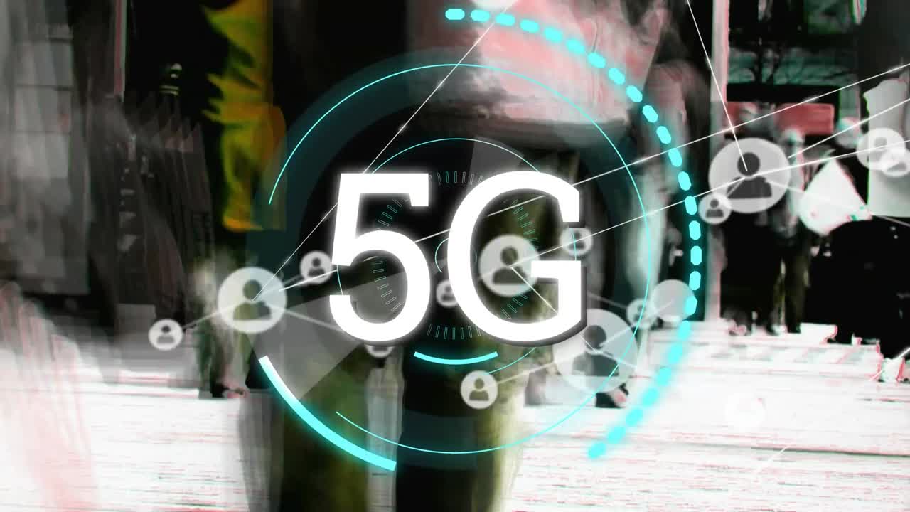 거리에서  ⁇ 는 사람들을 상징하는 연결 네트워크를 통한 5g 텍스트