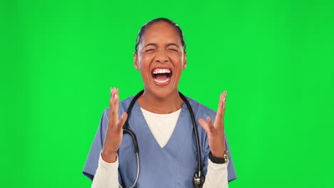 Woman,-doctor-and-happy-celebration-by-green