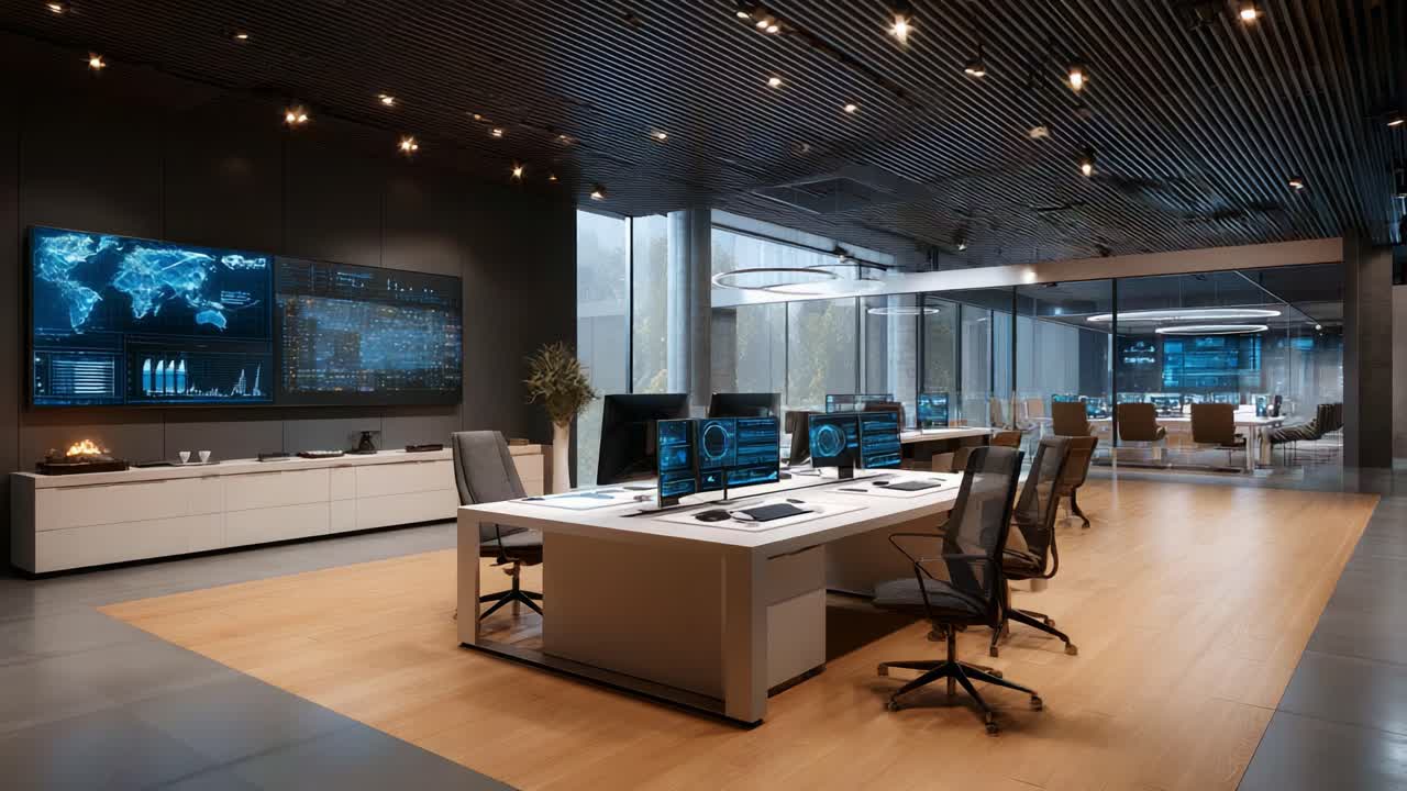 Modern Control Room with Advanced Technology Displays and Collaborative Workspaces for Strategic Operations and Monitoring in a Sleek Environment
