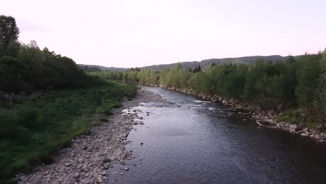 Rivers-flows-through-trees-and-stones,-aerial-shot