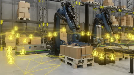 robotic arms handling packages in warehouse with logistics network animation over