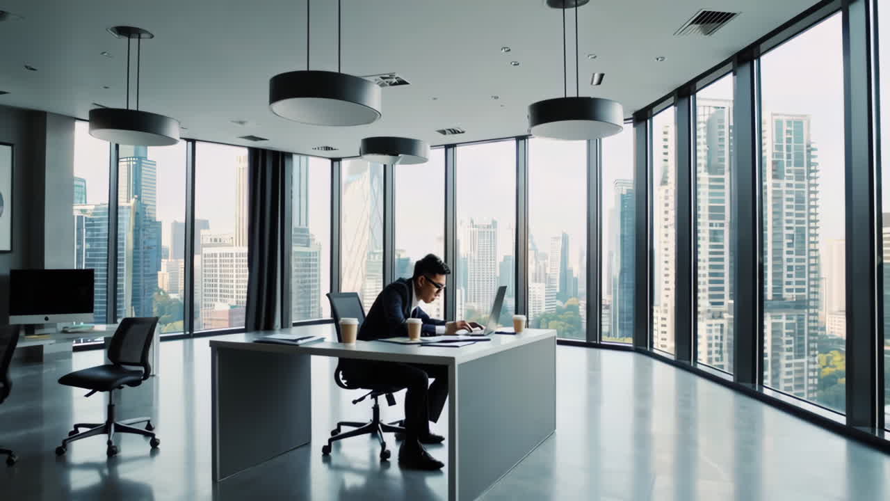 Businessman working in modern office with city view