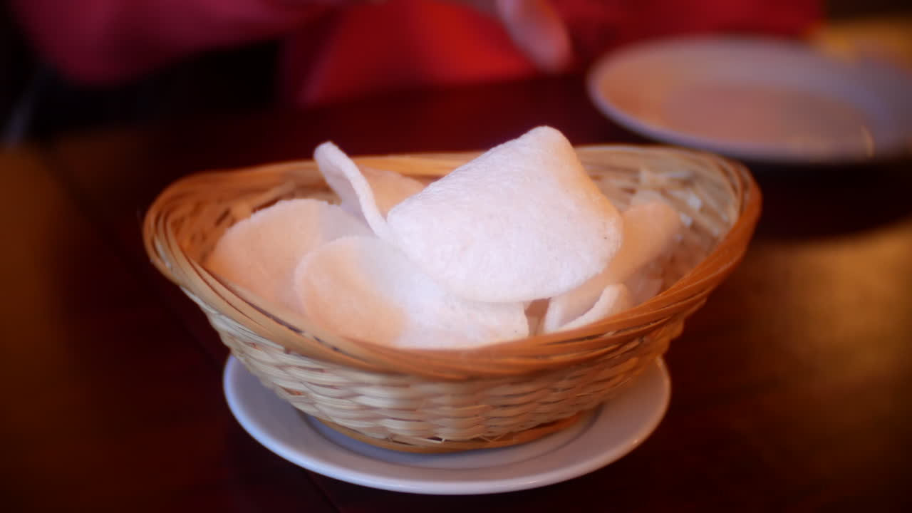 Prawn shrimp chips crackers in a bowl at a Chinese restaurant