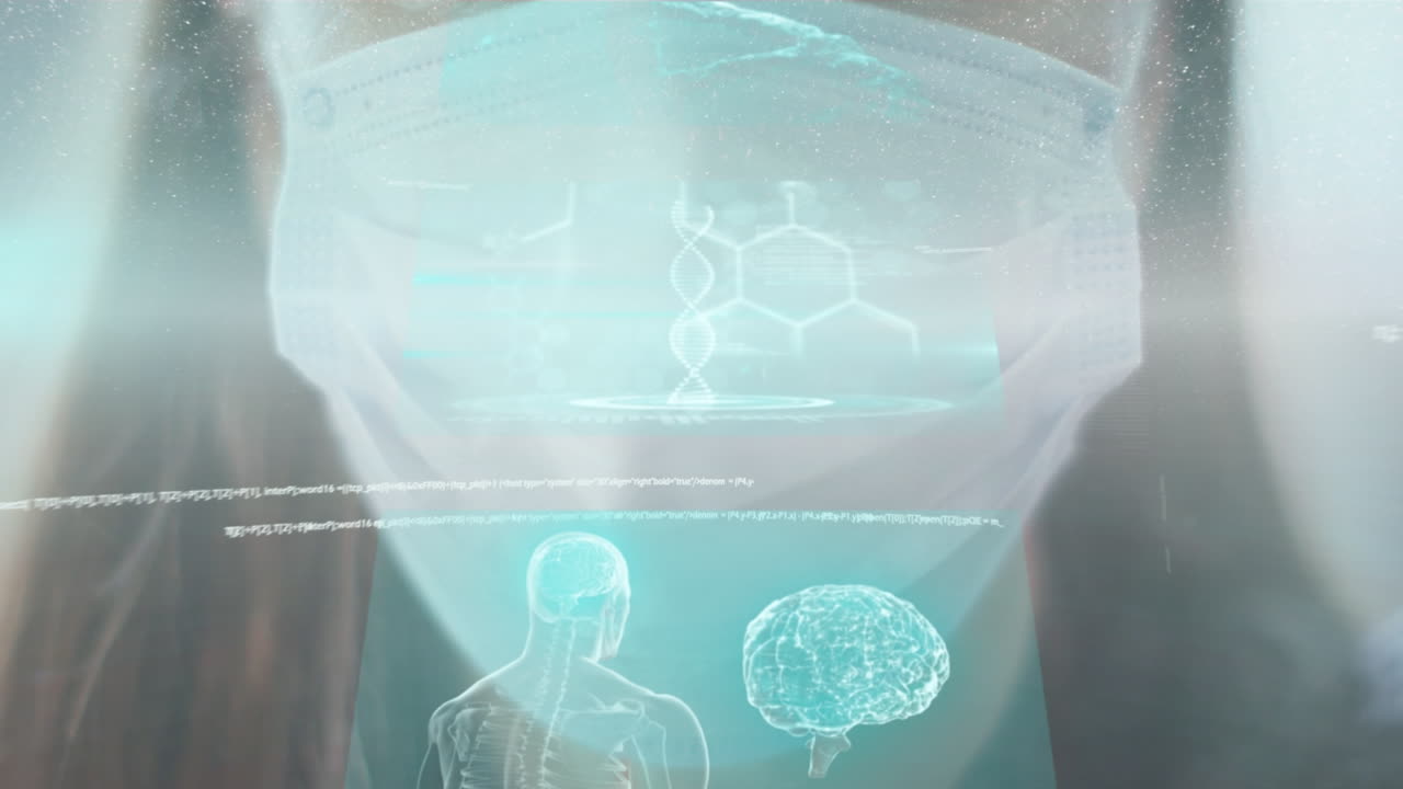 얼굴 마스크를 쓰고 있는 백인 여성에 대한 데이터 처리 애니메이션