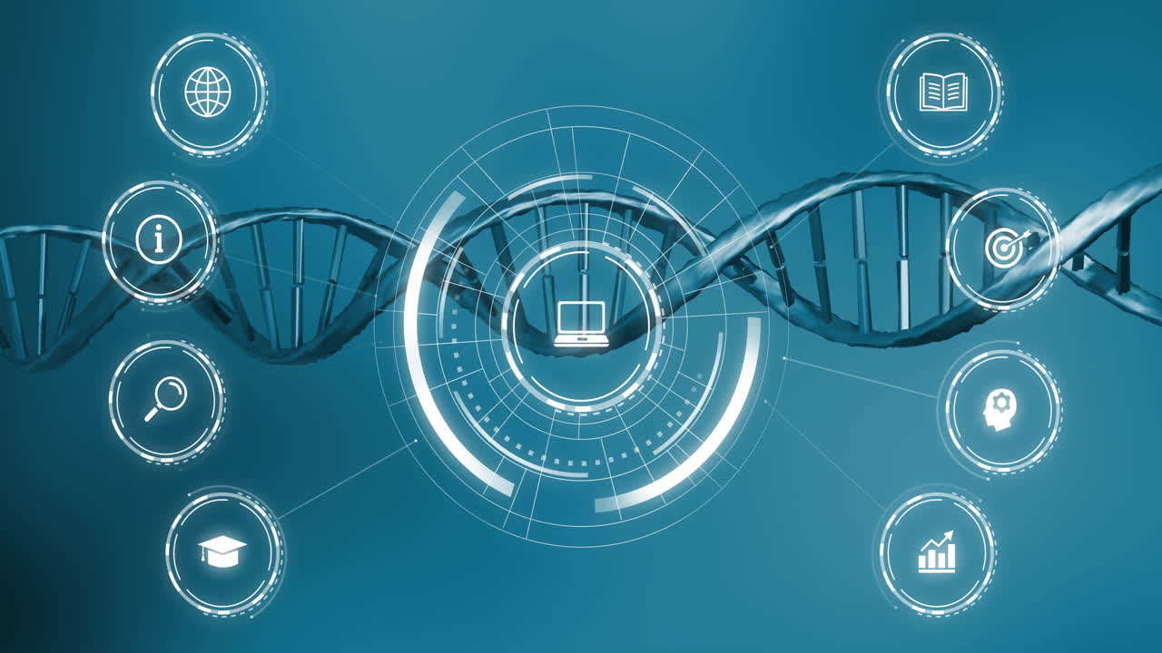 Animation of media icons over dna strand
