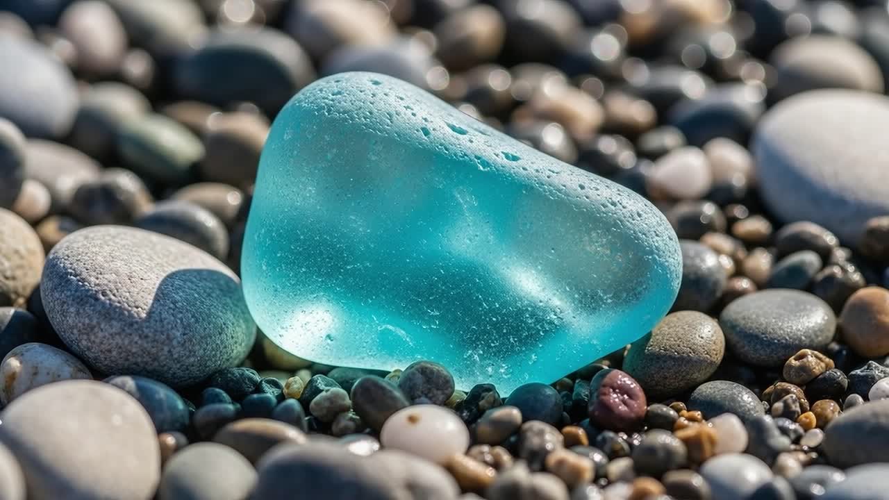 A Beautifully Smooth Piece of Blue Glass Blown by the Sea, Resting Among Varied Pebbles on a Sunlit Shore, Capturing the Essence of Nature's Artistry and Tranquility
