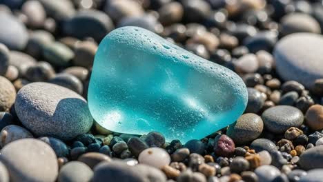 a beautifully smooth piece of blue glass blown by the sea, resting among varied pebbles on a sunlit shore, capturing the essence of nature's artistry and tranquility