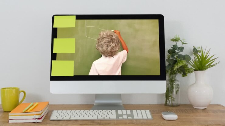 Animation of a computer screen showing senior Caucasian female teacher on the screen