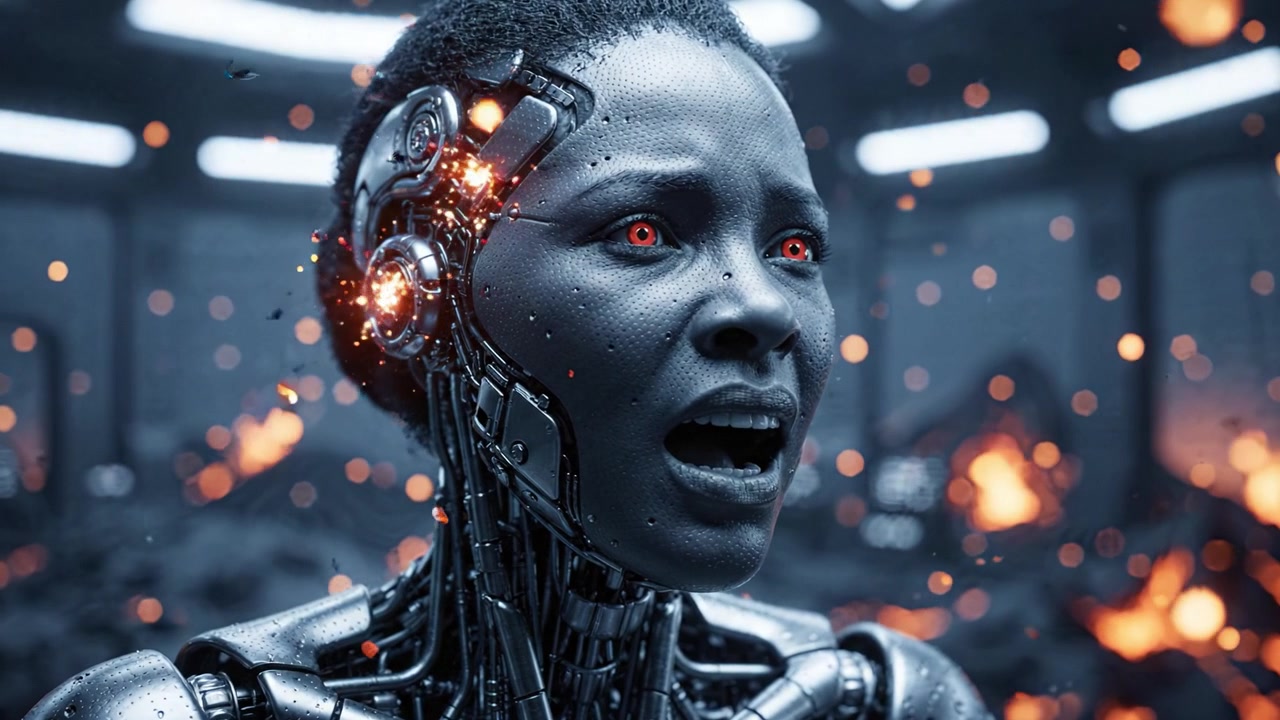 Un essere robotico futuristico che esprime emozioni intense in un ambiente caotico di fuoco e metallo; si svolge un momento cruciale in una narrazione di fantascienza.