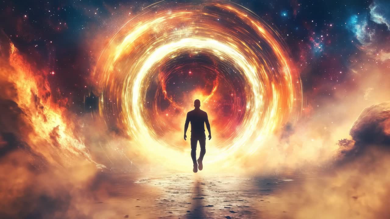 A silhouette of a person walking towards a fiery portal in a cosmic landscape