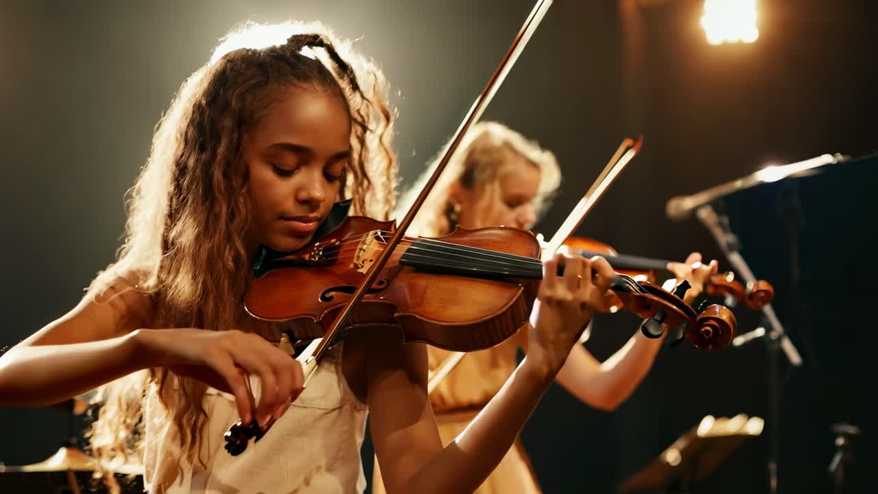 A video still of two young violinists performing on stage, captured from a low angle