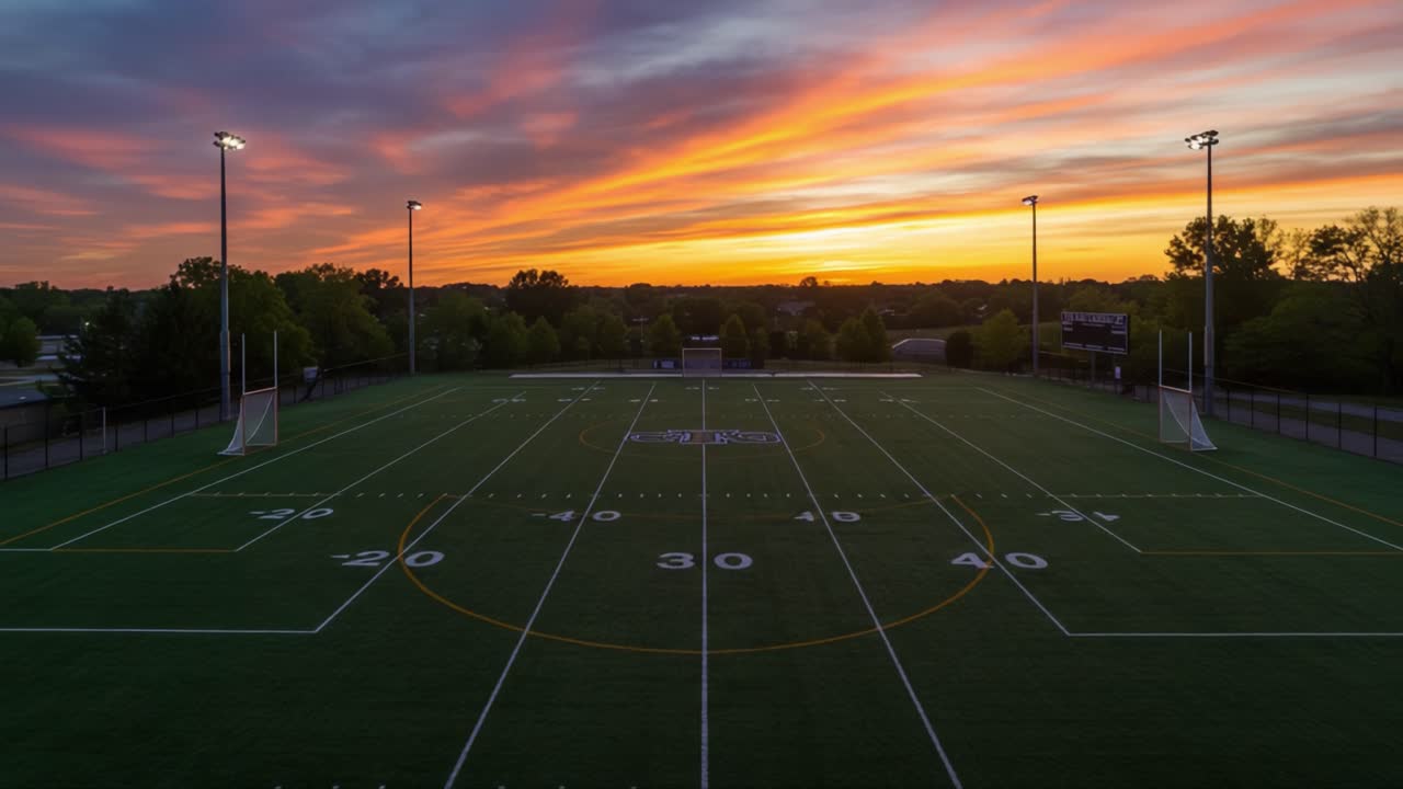 Un impresionante atardecer sobre un campo deportivo bien cuidado, con colores vibrantes iluminando el cielo vespertino, perfecto para partidos y eventos nocturnos.