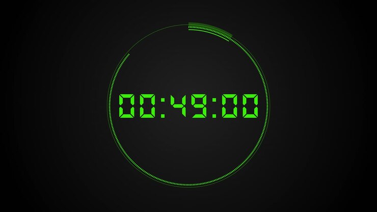 Digital timer countdown green segmented numbers circular progress arc over black background