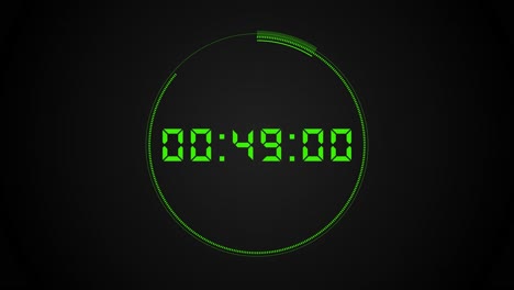 digital timer countdown green segmented numbers circular progress arc over black background