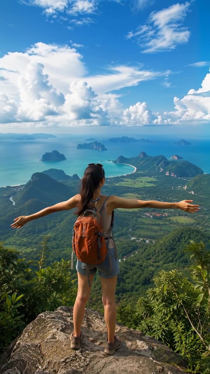 Vista trasera de una mujer de pie en un mirador rocoso de montaña con los brazos levantados, con vistas a un exuberante valle tropical, una bahía y el océano bajo un cielo azul brillante.