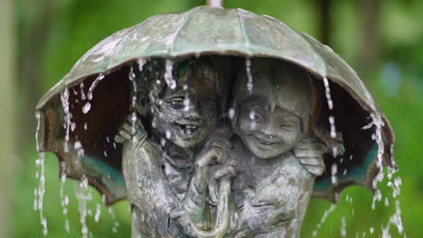 Fuente-Con-Una-Escultura-De-Dos-Niños-Bajo-Un-Paraguas-Del-Escultor-Frido-Graziani,-Ciudad---Binz,-Alemania---Primer-Plano