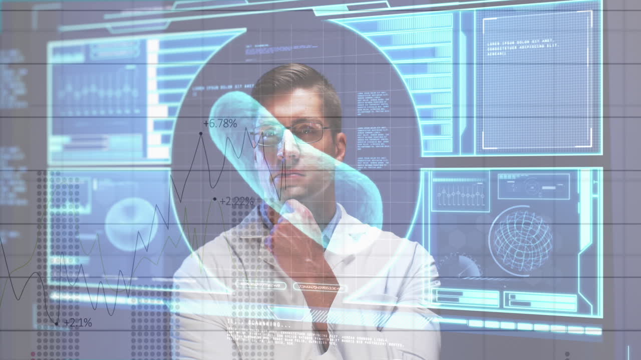 interfaz digital con los vasos sanguíneos y el procesamiento de datos contra el médico caucásico pensativo