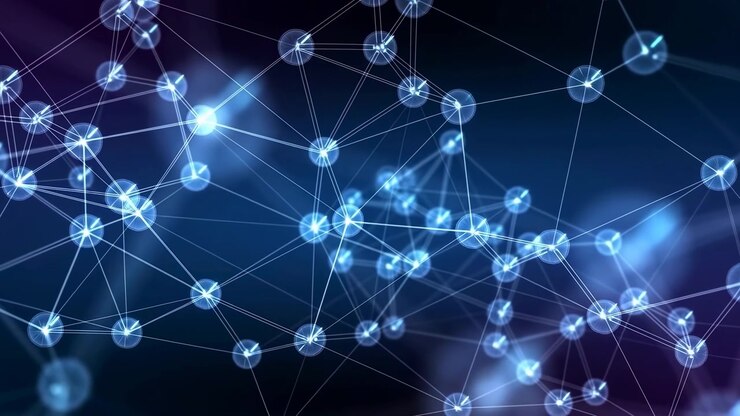 Translucent circular points linked by thin luminous lines shift gradually across frame, while soft blue flares brighten selected nodes within layered dark blue composition.