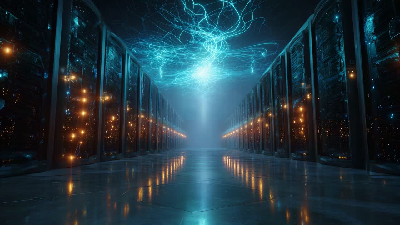 A Stunning View of an Advanced Data Center with Illuminated Server Racks and Dynamic Digital Energy Patterns Creating an Inspiring Technological Atmosphere