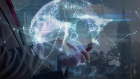 hands holding smartphone projecting holographic globe with network lines and charts in flat design