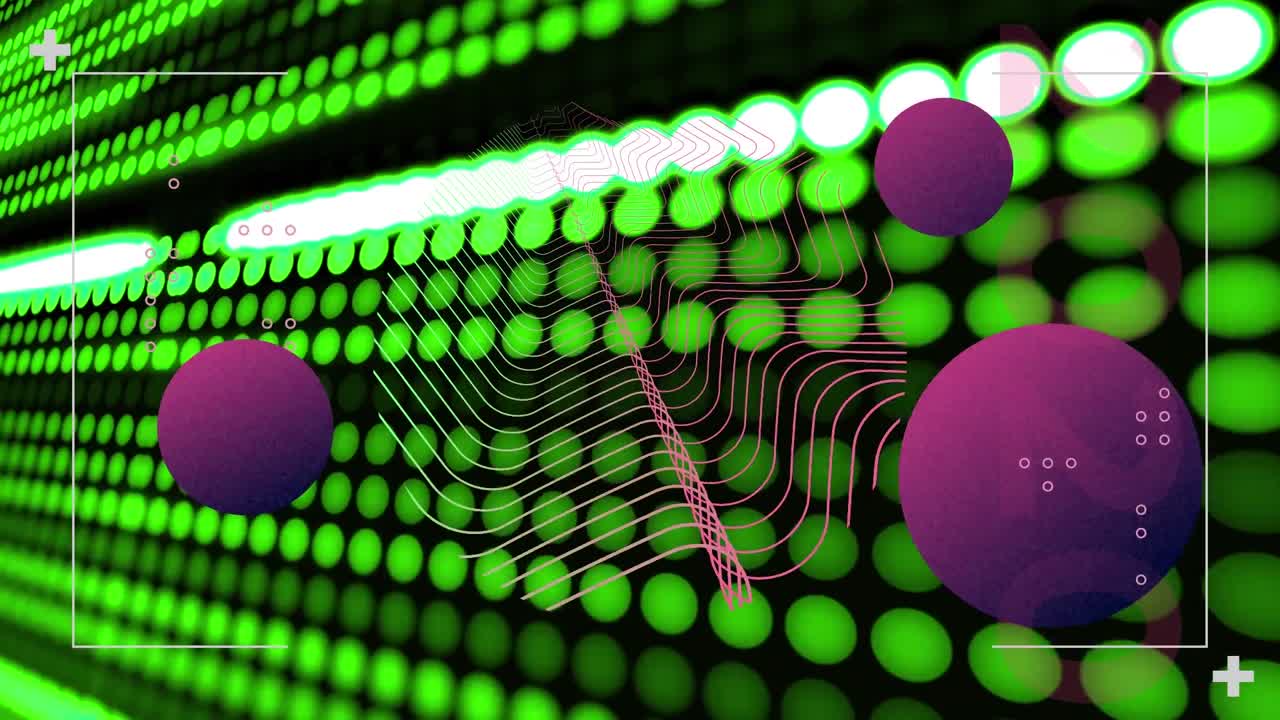 анимация данных обработки интерфейса, с зелеными огнями, параллельными кривыми и сферами