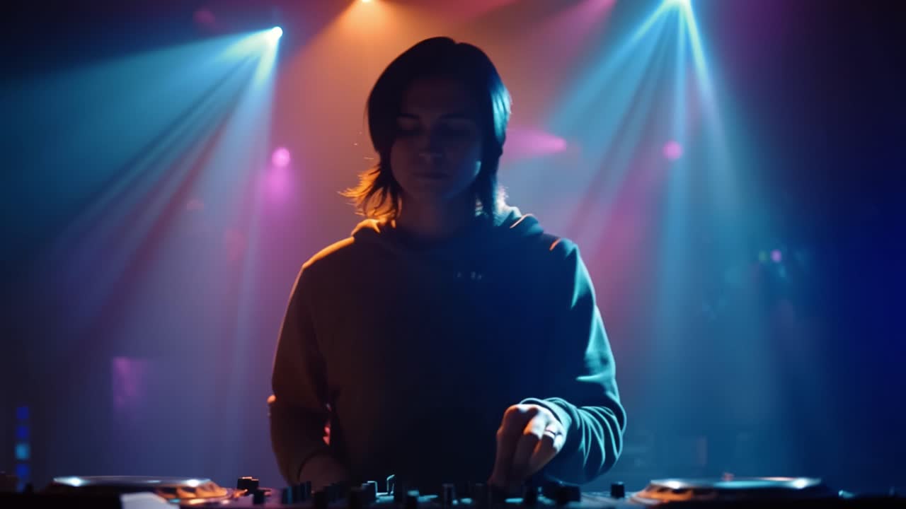 DJ si concentra intensamente sui controlli sotto luci di scena colorate. I faretti fendono la foschia, proiettando raggi dinamici. L'energia pulsa attraverso il ritmo e lo spettacolo visivo. Perfetto per musica, vita notturna.