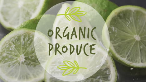 animation of organic produce text over slices of lime falling in water background