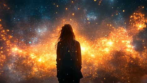 woman gazes at vibrant cosmic display with swirling stars and colors